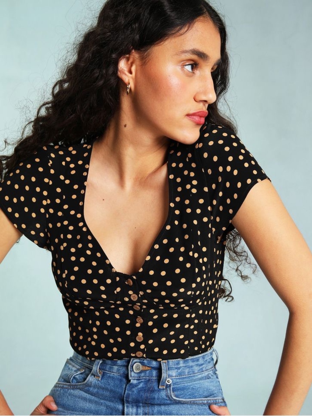 Rouje Ambroise Top Black Tan Polka Dot V Neck Button Front Blouse FR 36 US 4 EUC